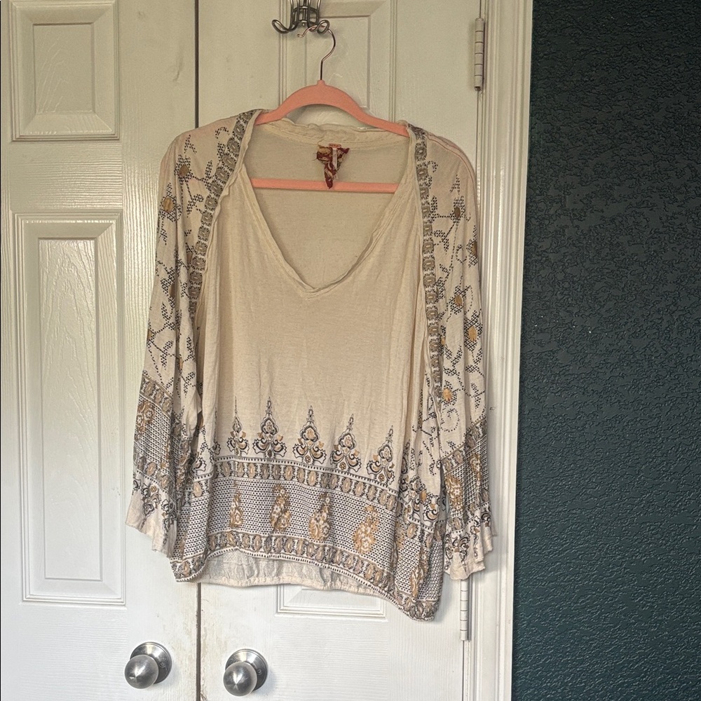 Free People Cream and Gray Blouse